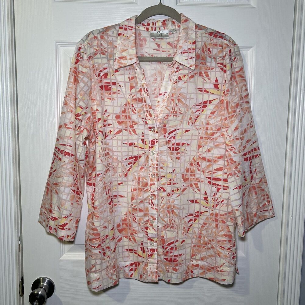 Studio Works Shirt Women's XL Pink Multicolor Geometric Button Front 3/4 Sleeve
